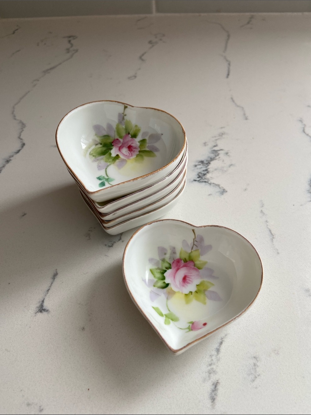 Antique Noritake Heart Butter Pats Hand Painted Roses Set of 6